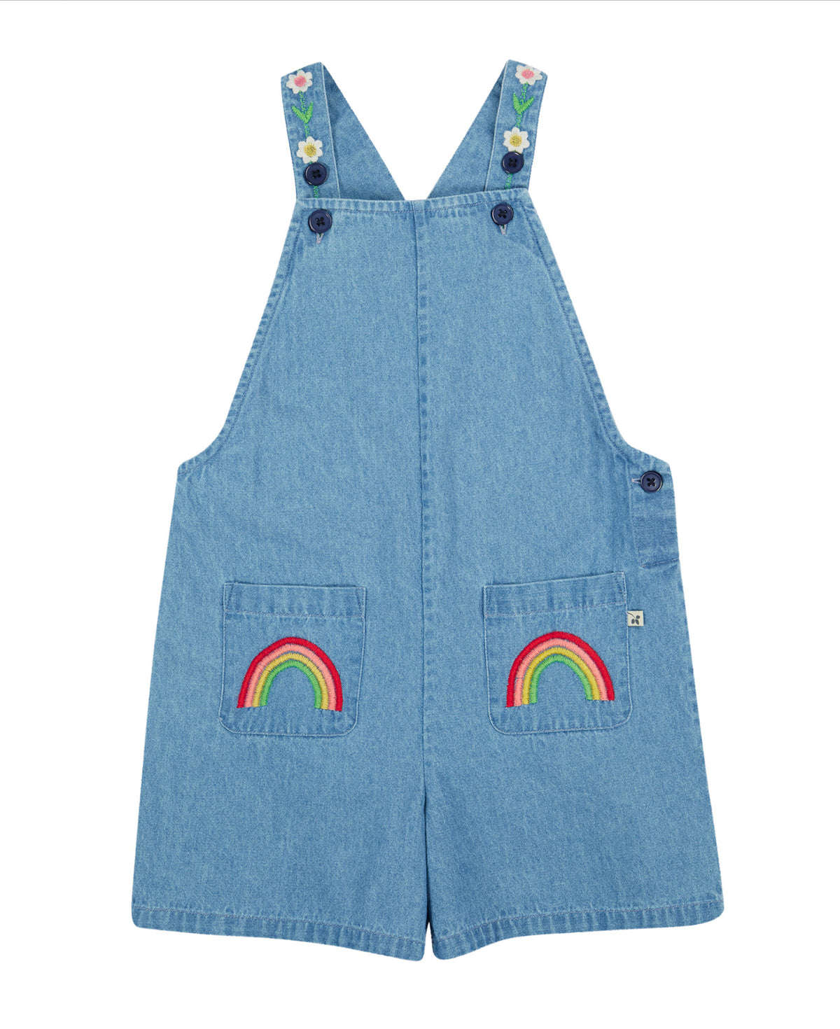 Latzhose mit Regenbogen-Zeichen aus Jeansstoff von Frugi