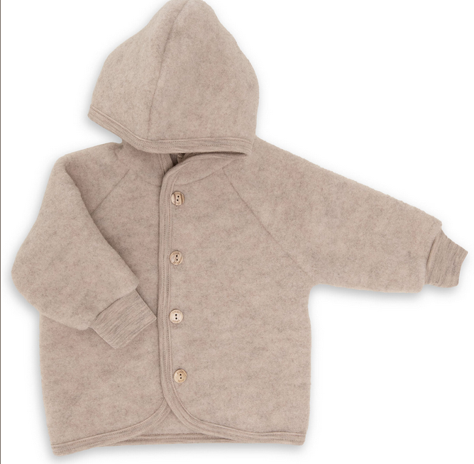 Wollfleece-Kapuzenjacke Merinowolle sand melange mit Holzknöpfen von Engel