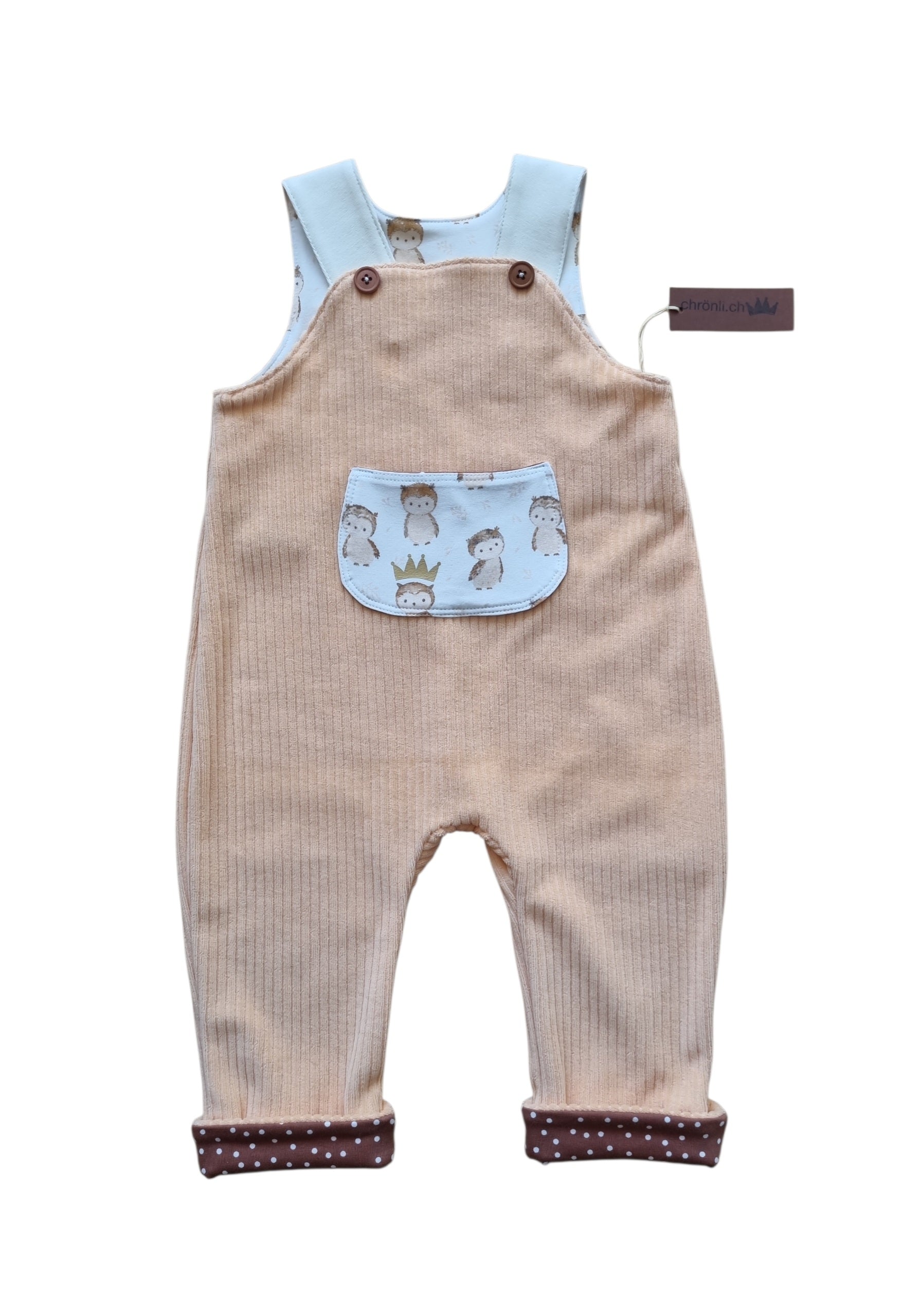 Latzhose Eule aus Bio-Baumwolle handgemacht von Chrönli (68cm/74cm)