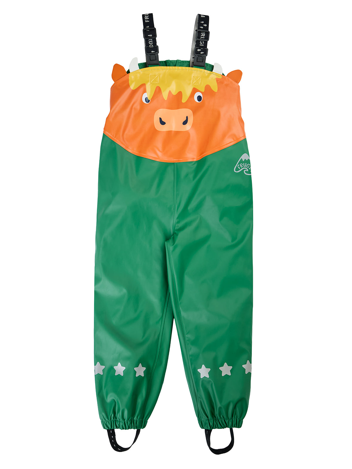 Regen Latzhose Kuh mit Reflektoren, aus Petflaschen recycelt, von Frugi