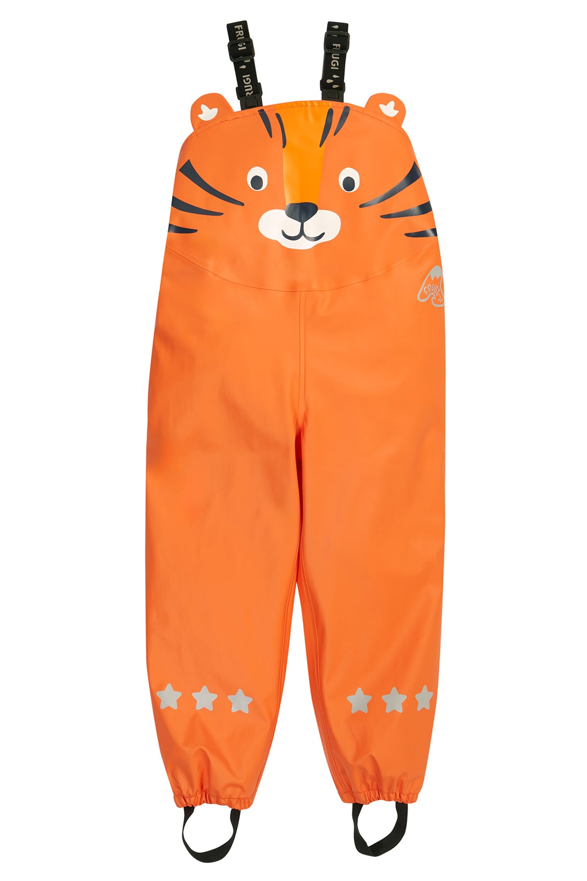 Orange Regen-Latzhose Tiger mit Sternen Reflektoren, aus Petflaschen recycelt,  von Frugi