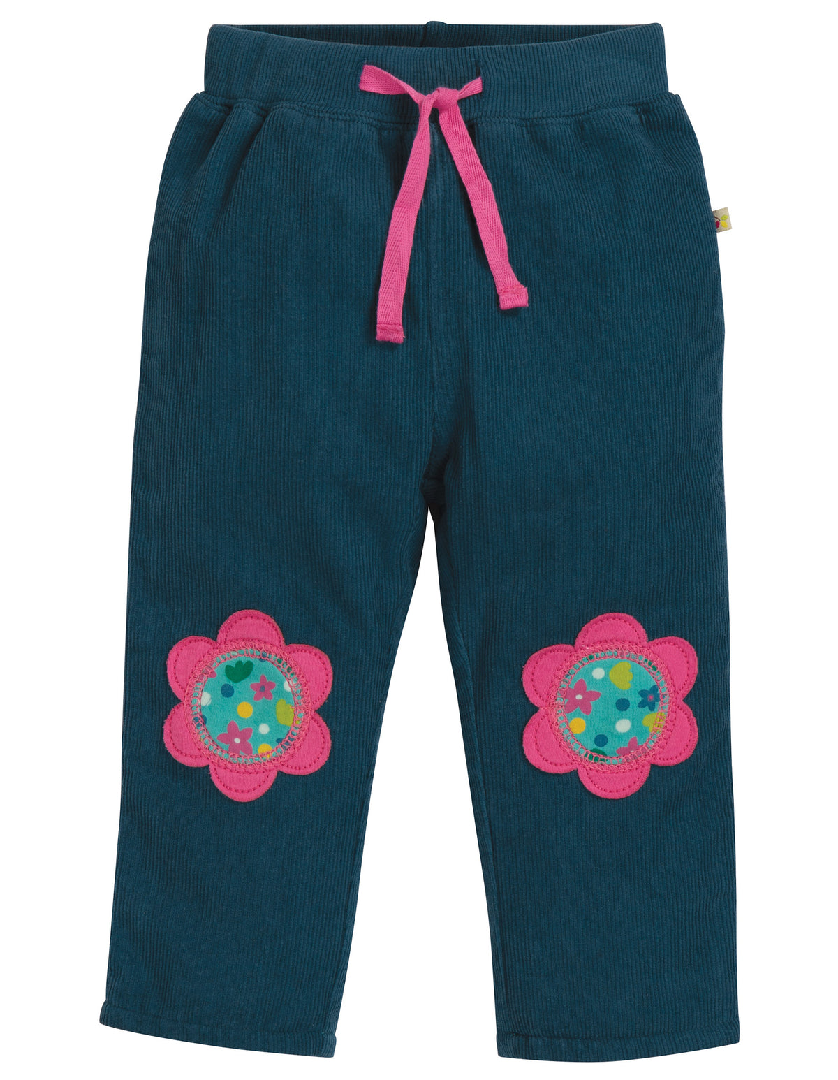Dunkelblaue Cordhose mit Blume verziert von der Marke Frugi