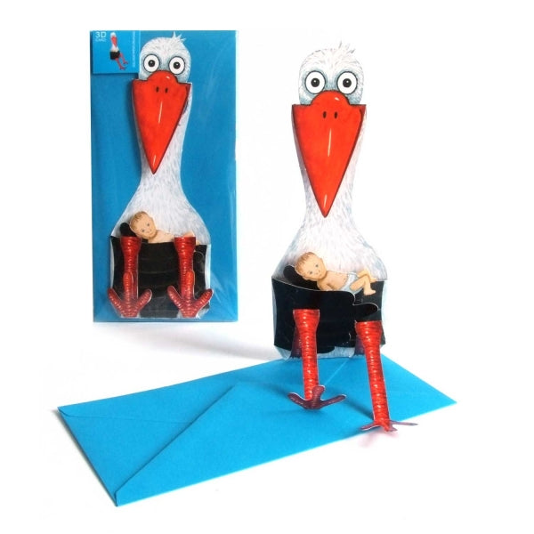 3-D Grusskarte Storch mit Baby mit Couvert