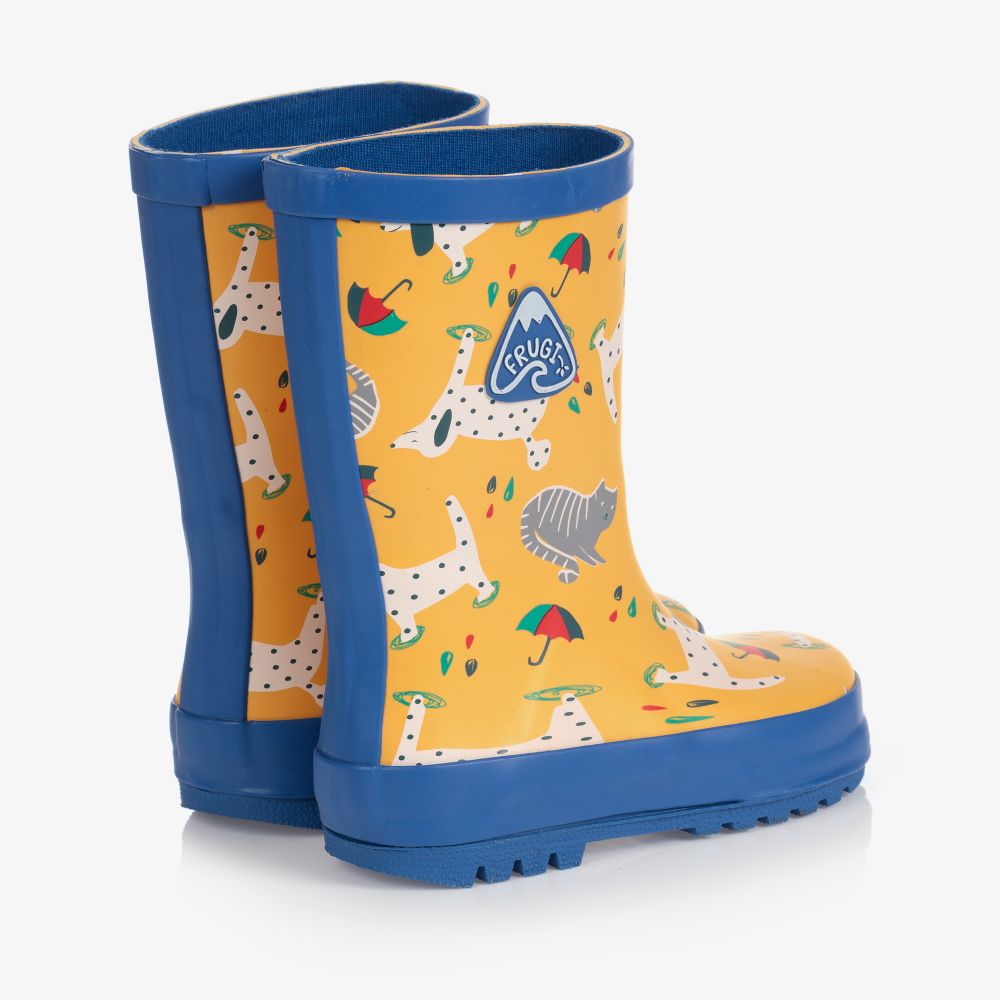 Regenstiefel in gelb mit Katzen und Hunde von Frugi