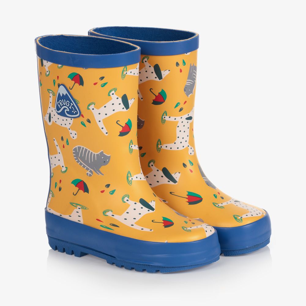 Regenstiefel in gelb mit Katzen und Hunde von Frugi