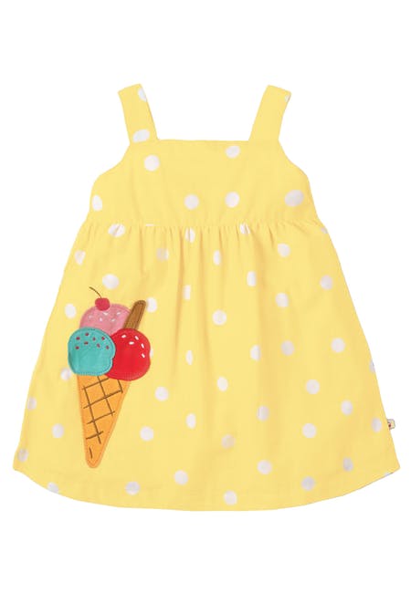 Gelbes , leichtes Sommerkleid mit Glace appliziert von Frugi