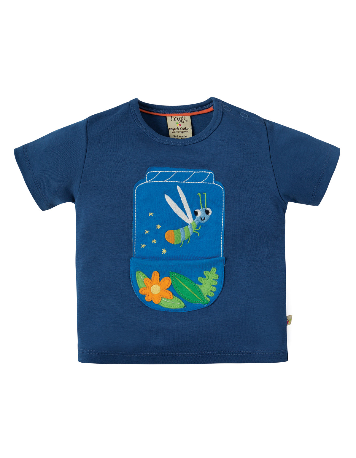 Dunkelblaues kurzarm T-Shirt mit Leuchtkäfer Applikation( 0-3, 3-6, 6-12 Monate , 3-4 Jahre ) von Frugi