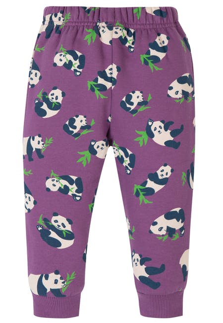 Lila Hosen mit Pandas verziert von der Marke Frugi