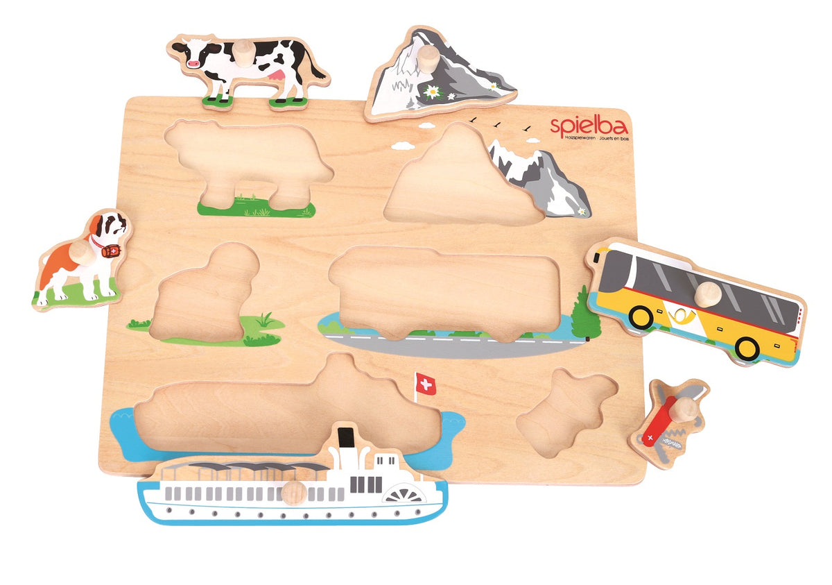 Setzpuzzle Schweiz aus Holz mit Holzknopf ab 12 Monate