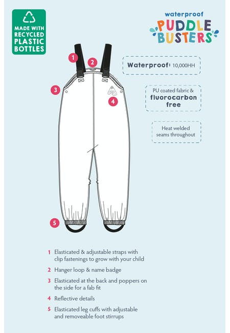 Gelbe Regenhose mit Regentropfen Reflektoren aus Petflaschen recycelt von Frugi