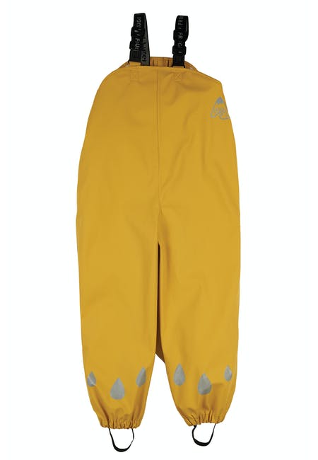 Gelbe Regenhose mit Regentropfen Reflektoren aus Petflaschen recycelt von Frugi