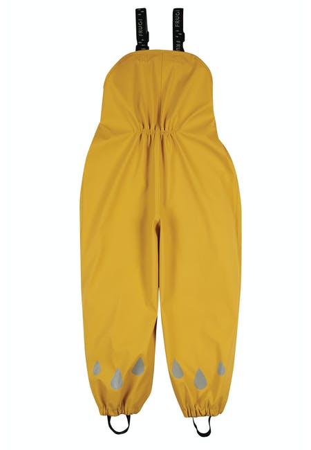 Gelbe Regenhose mit Regentropfen Reflektoren aus Petflaschen recycelt von Frugi