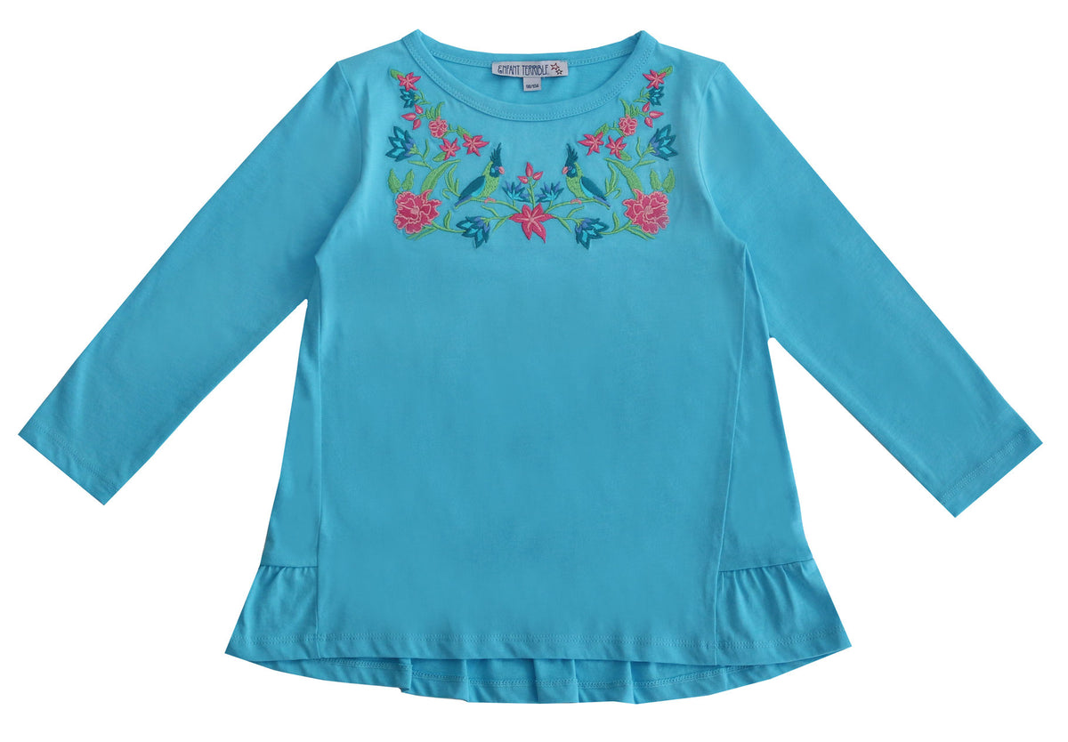 shirt blau mit blumen applikation