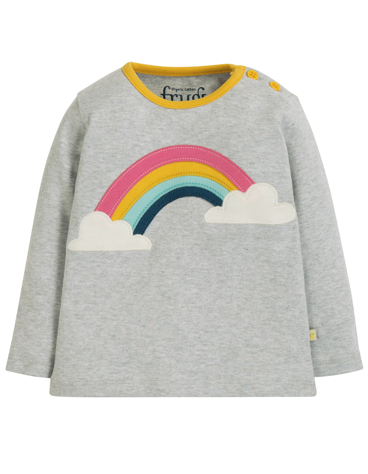 Graues Shirt mit Regenbogen appliziert von der Marke Frugi