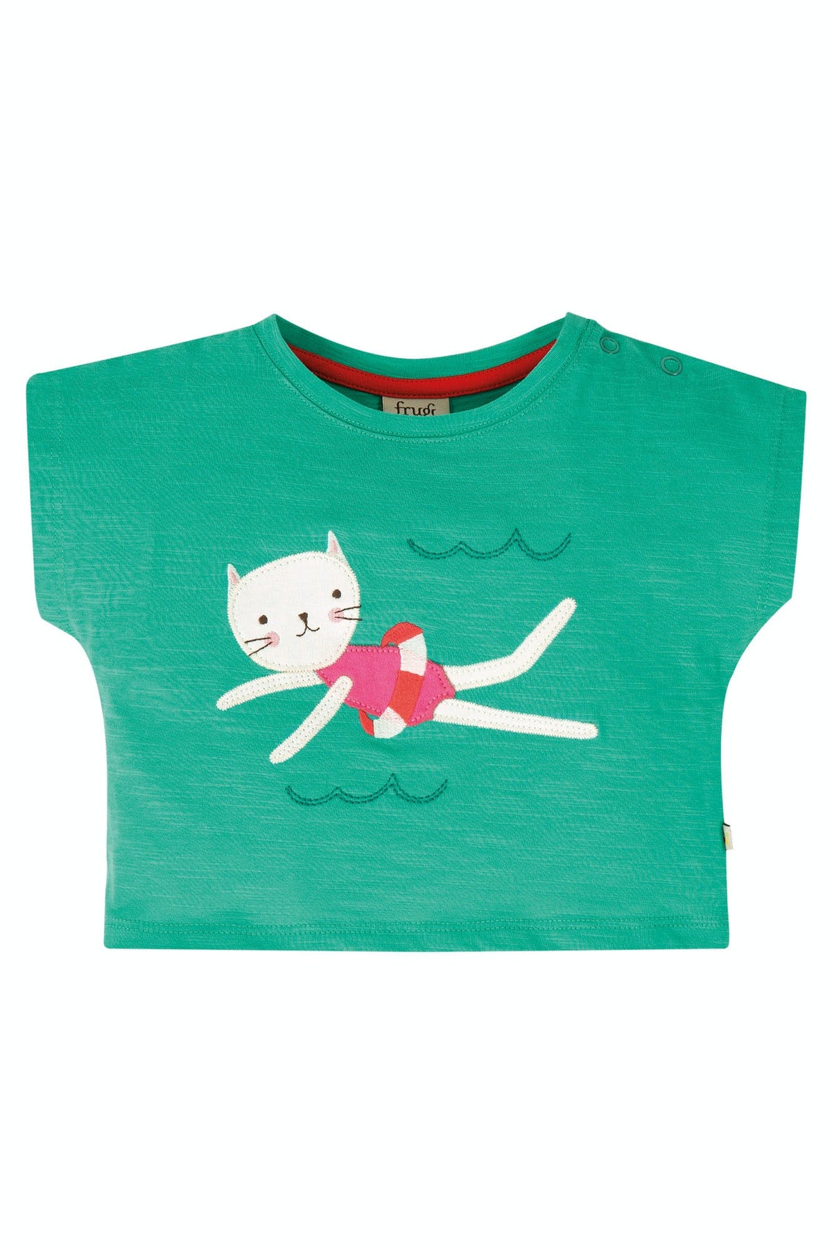 Grünes T-Shirt mit Katze am schwimmen ( 0-3, 3-6 Monate)  von Frugi