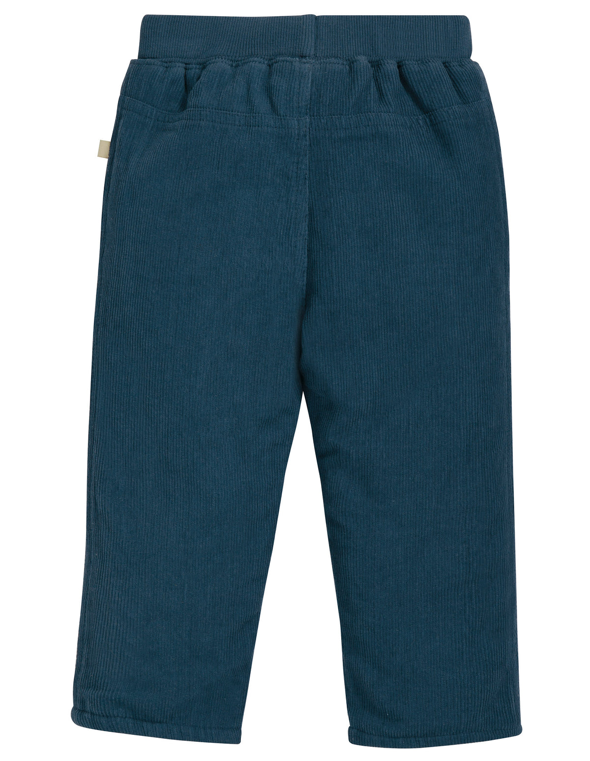 dunkelblaue Cordhose mit Blume verziert von der Marke Frugi