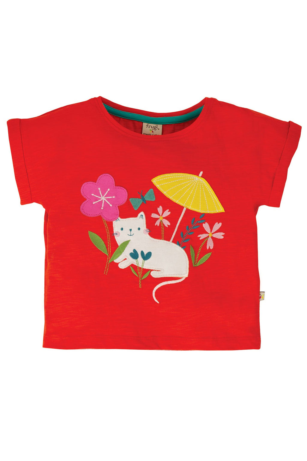 Rotes T-Shirt Katze mit Sonnenschirme von Frugi