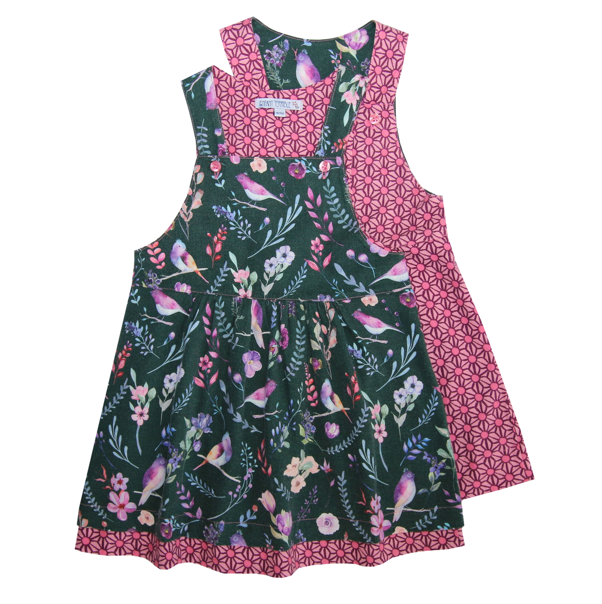 Wendekleid in grün mit Vögel ( 18-24 Monate, 3-4 Jahre und 9-10 Jahre) von Enfant Terrible
